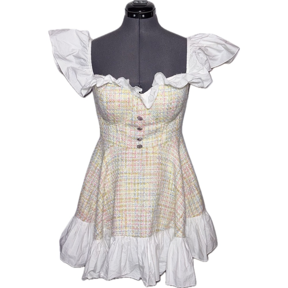 ASOS Luxe Pastel Tweed Ruffle Coquette Mini Dress B38 W33 H48 L26.5 Size 12